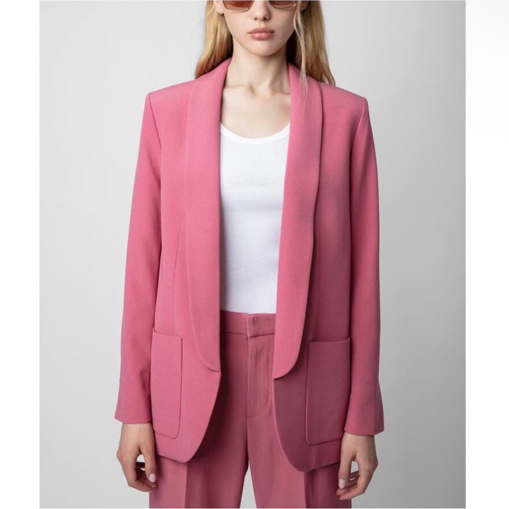 NWT Zadig & Voltaire Pink Verdun Long Lapel Open Front Crepe Blazer Size US 8